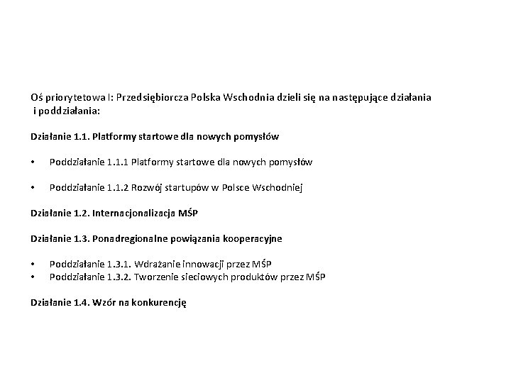 Oś priorytetowa I: Przedsiębiorcza Polska Wschodnia dzieli się na następujące działania i poddziałania: Działanie