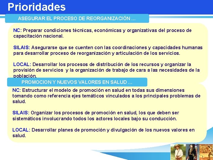 Prioridades ASEGURAR EL PROCESO DE REORGANIZACIÓN … NC: Preparar condiciones técnicas, económicas y organizativas