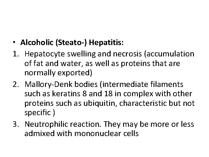  • Alcoholic (Steato-) Hepatitis: 1. Hepatocyte swelling and necrosis (accumulation of fat and