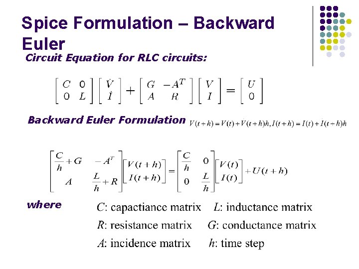Spice Formulation – Backward Euler Circuit Equation for RLC circuits: Backward Euler Formulation where