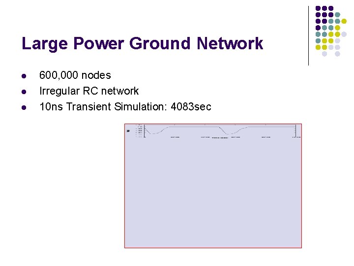 Large Power Ground Network l l l 600, 000 nodes Irregular RC network 10