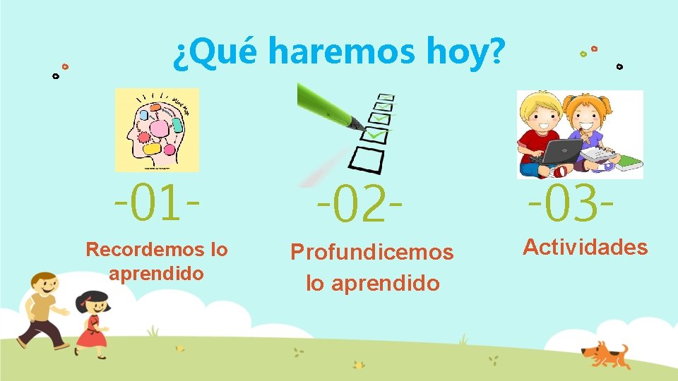 ¿Qué haremos hoy? -01 Recordemos lo aprendido -02 Profundicemos lo aprendido -03 Actividades 