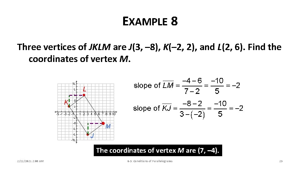 EXAMPLE 8 Three vertices of JKLM are J(3, – 8), K(– 2, 2), and