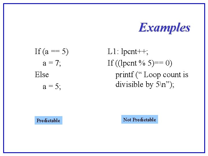 Examples If (a == 5) a = 7; Else a = 5; Predictable L