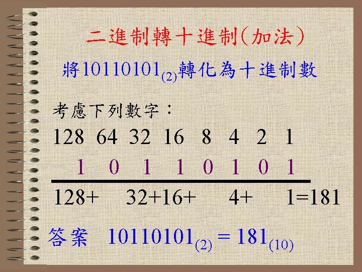 二進制轉十進制(加法) 將10110101(2)轉化為十進制數 考慮下列數字： 128 64 32 16 8 4 2 1 1 0 1