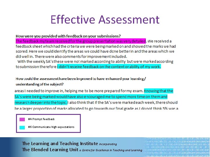 Effective Assessment #4 Prompt feedback #6 Communicate high expectations The Learning and Teaching Institute