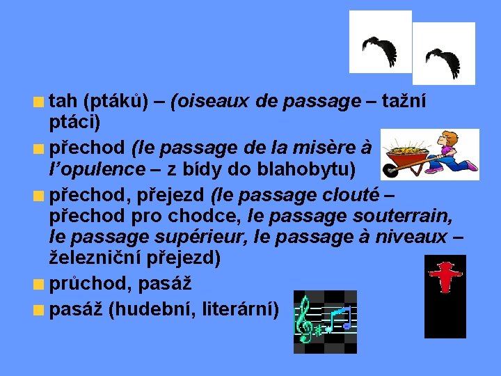tah (ptáků) – (oiseaux de passage – tažní ptáci) přechod (le passage de la