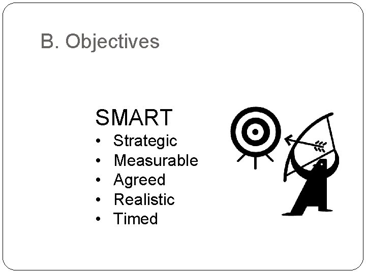 B. Objectives SMART • • • Strategic Measurable Agreed Realistic Timed 