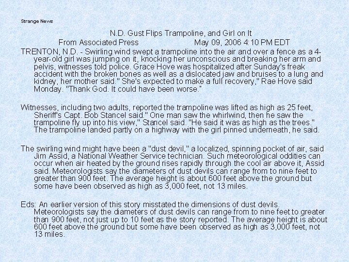 Strange News N. D. Gust Flips Trampoline, and Girl on It From Associated Press