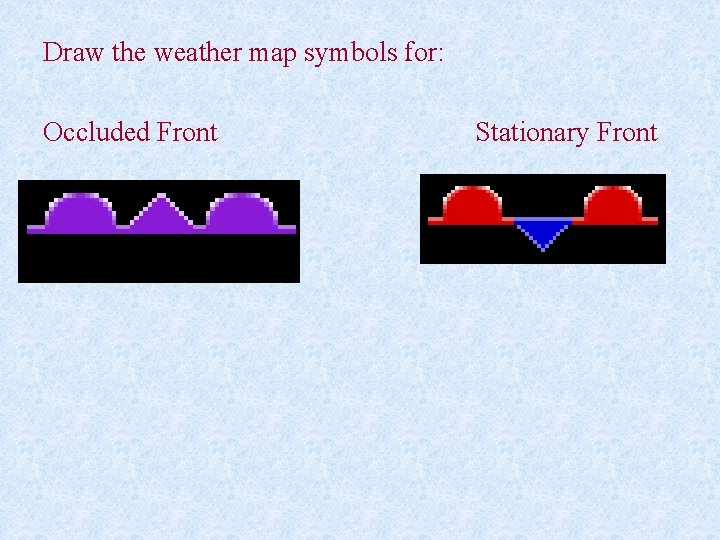 Draw the weather map symbols for: Occluded Front Stationary Front 