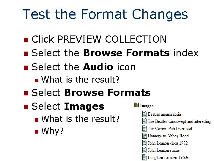 Test the Format Changes Click PREVIEW COLLECTION n Select the Browse Formats index n