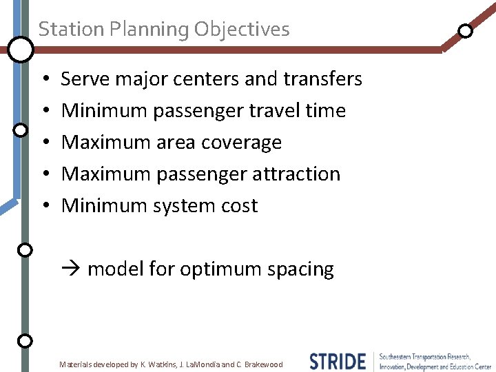 Station Planning Objectives • • • Serve major centers and transfers Minimum passenger travel