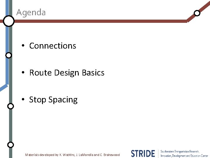 Agenda • Connections • Route Design Basics • Stop Spacing Materials developed by K.
