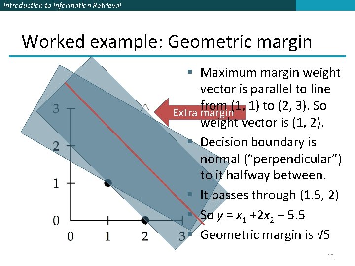 Introduction to Information Retrieval Worked example: Geometric margin § Maximum margin weight vector is