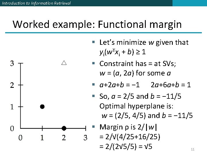 Introduction to Information Retrieval Worked example: Functional margin § Let’s minimize w given that