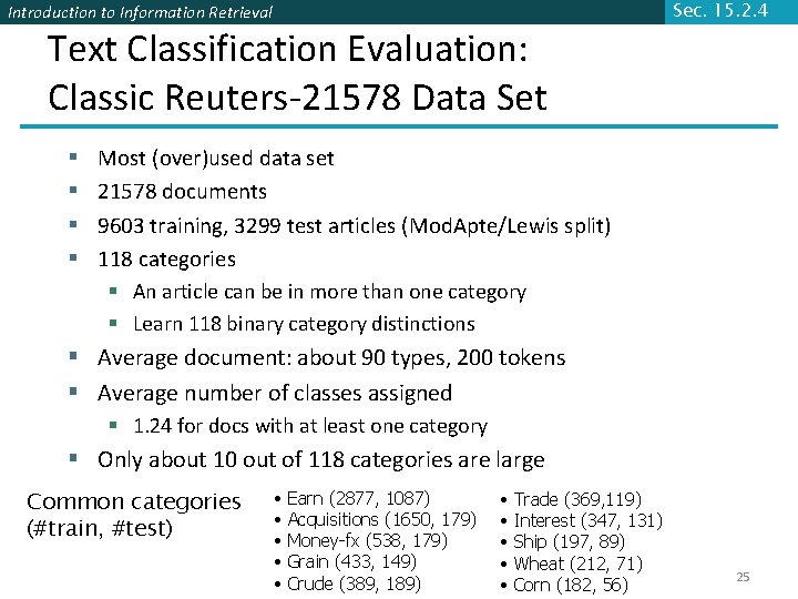 Introduction to Information Retrieval Text Classification Evaluation: Classic Reuters-21578 Data Set Sec. 15. 2.