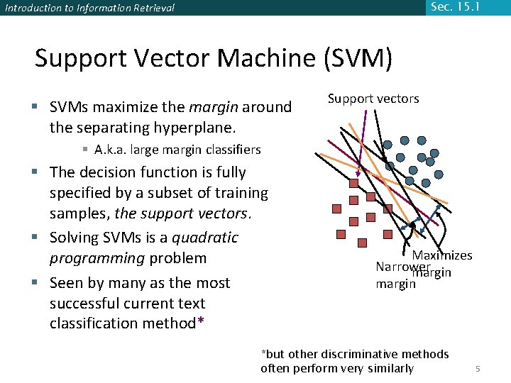 Sec. 15. 1 Introduction to Information Retrieval Support Vector Machine (SVM) § SVMs maximize
