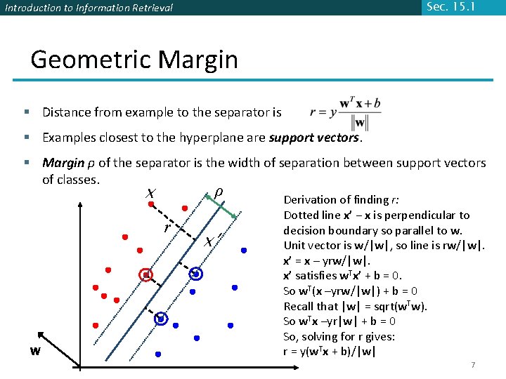 Sec. 15. 1 Introduction to Information Retrieval Geometric Margin § Distance from example to