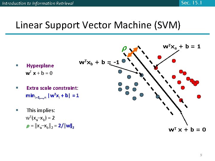 Sec. 15. 1 Introduction to Information Retrieval Linear Support Vector Machine (SVM) ρ §