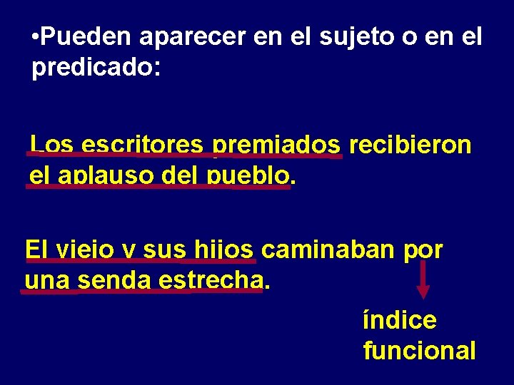  • Pueden aparecer en el sujeto o en el predicado: Los escritores premiados