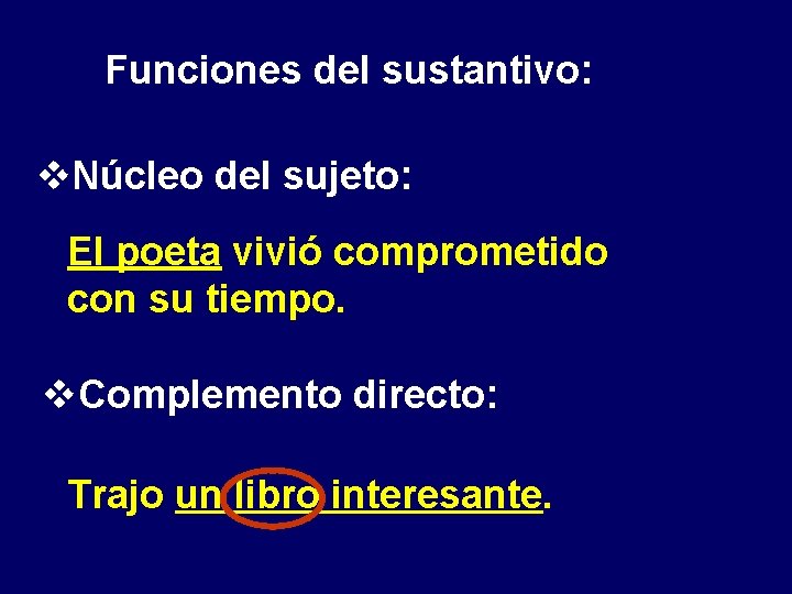 Funciones del sustantivo: v. Núcleo del sujeto: El poeta vivió comprometido con su tiempo.