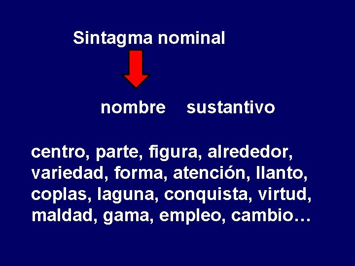 Sintagma nominal nombre sustantivo centro, parte, figura, alrededor, variedad, forma, atención, llanto, coplas, laguna,