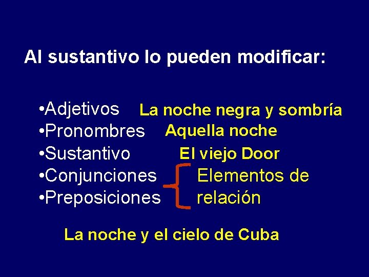 Al sustantivo lo pueden modificar: • Adjetivos La noche negra y sombría • Pronombres