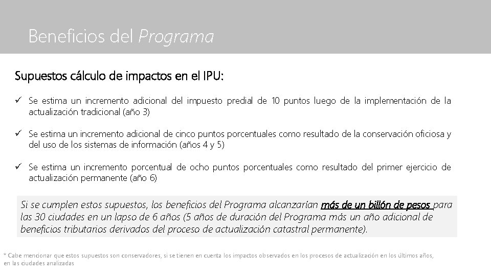 Beneficios del Programa Supuestos cálculo de impactos en el IPU: ü Se estima un