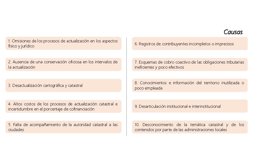 Causas 1. Omisiones de los procesos de actualización en los aspectos físico y jurídico