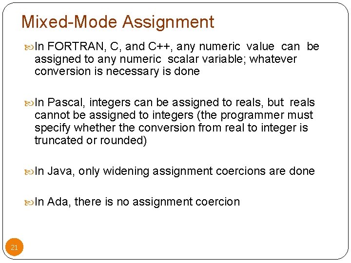 Mixed-Mode Assignment In FORTRAN, C, and C++, any numeric value can be assigned to