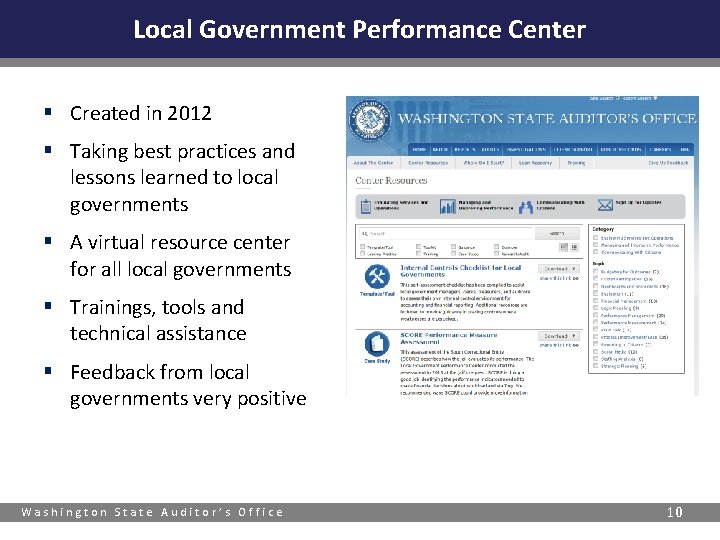 Local Government Performance Center § Created in 2012 § Taking best practices and lessons