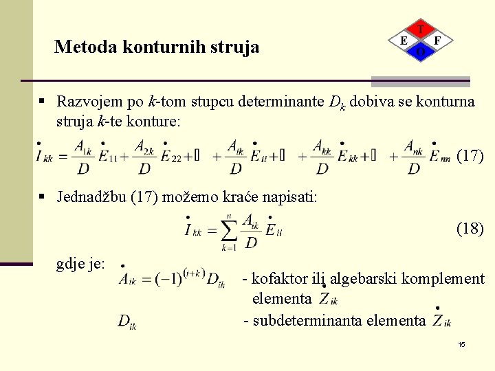 Metoda konturnih struja § Razvojem po k-tom stupcu determinante Dk dobiva se konturna struja