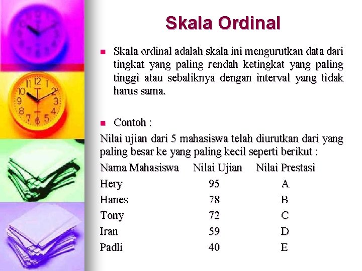 Skala Ordinal n Skala ordinal adalah skala ini mengurutkan data dari tingkat yang paling Skala Ordinal n Skala ordinal adalah skala ini mengurutkan data dari tingkat yang paling