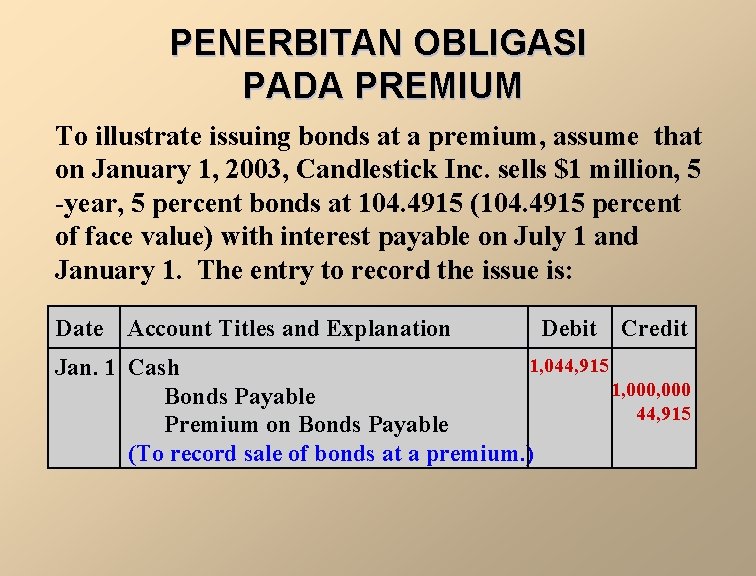 PENERBITAN OBLIGASI PADA PREMIUM To illustrate issuing bonds at a premium, assume that on