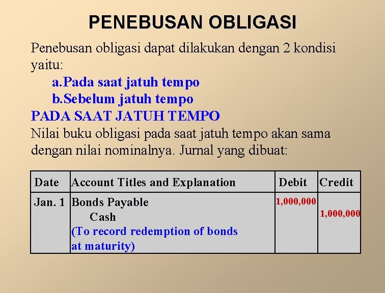 PENEBUSAN OBLIGASI Penebusan obligasi dapat dilakukan dengan 2 kondisi yaitu: a. Pada saat jatuh