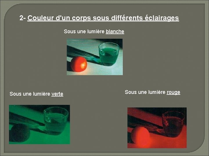 2 - Couleur d'un corps sous différents éclairages Sous une lumière blanche Sous une