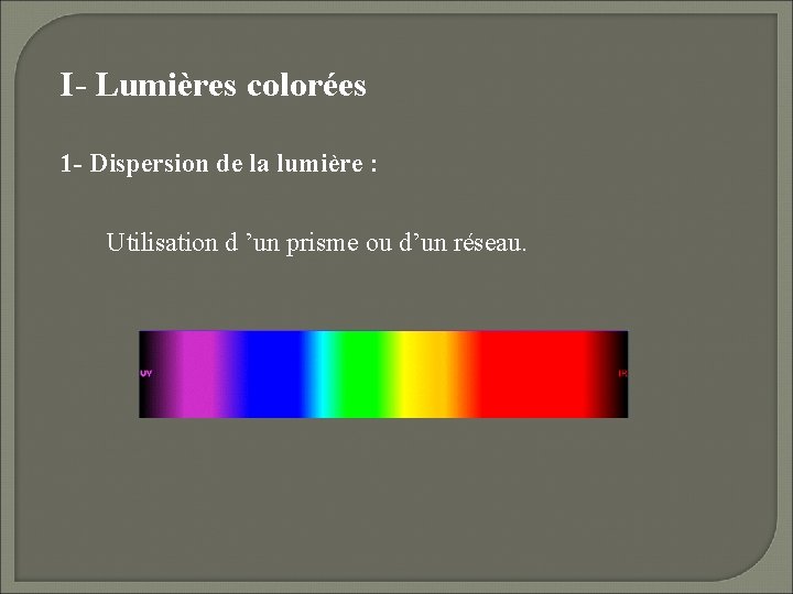I- Lumières colorées 1 - Dispersion de la lumière : Utilisation d ’un prisme