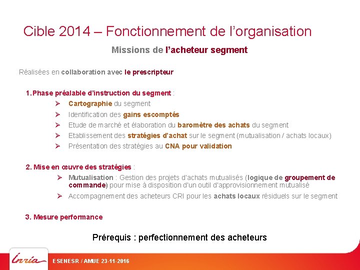 Cible 2014 – Fonctionnement de l’organisation Missions de l’acheteur segment Réalisées en collaboration avec