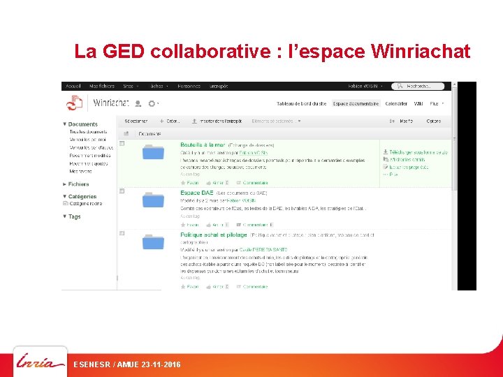 La GED collaborative : l’espace Winriachat ESENESR / AMUE 23 -11 -2016 