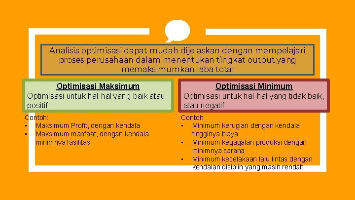 Analisis optimisasi dapat mudah dijelaskan dengan mempelajari proses perusahaan dalam menentukan tingkat output yang