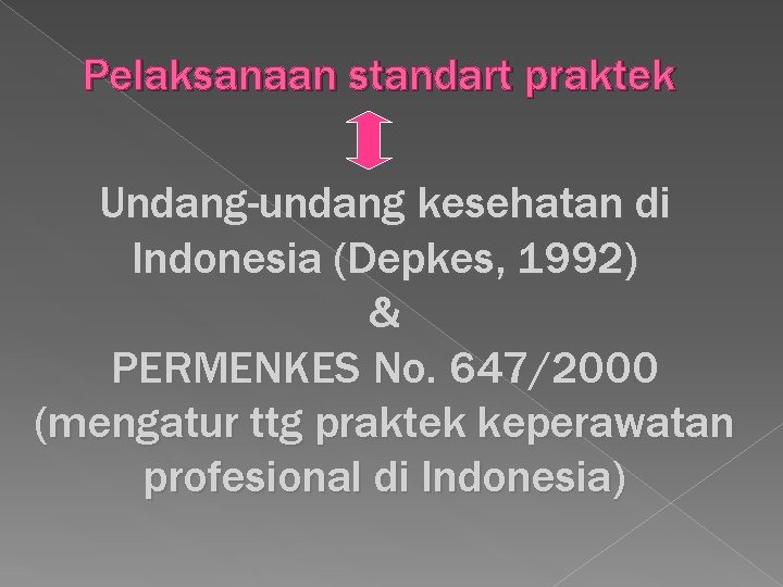 Pelaksanaan standart praktek Undang-undang kesehatan di Indonesia (Depkes, 1992) & PERMENKES No. 647/2000 (mengatur