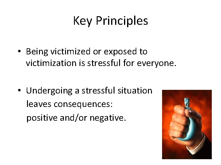 Key Principles • Being victimized or exposed to victimization is stressful for everyone. •