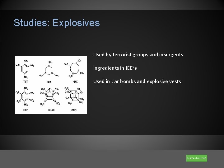 Studies: Explosives Used by terrorist groups and insurgents Ingredients in IED’s Used in Car