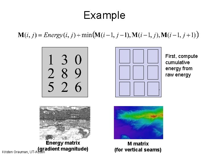 Example First, compute cumulative energy from raw energy Energy matrix (gradient magnitude) Kristen Grauman,