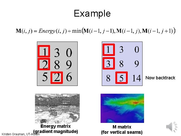 Example Now backtrack Energy matrix (gradient magnitude) Kristen Grauman, UT-Austin M matrix (for vertical