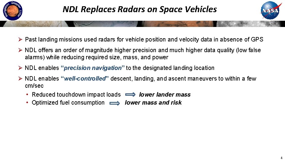 NDL Replaces Radars on Space Vehicles Ø Past landing missions used radars for vehicle