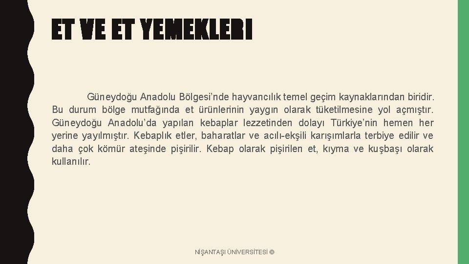 ET VE ET YEMEKLERI Güneydoğu Anadolu Bölgesi’nde hayvancılık temel geçim kaynaklarından biridir. Bu durum