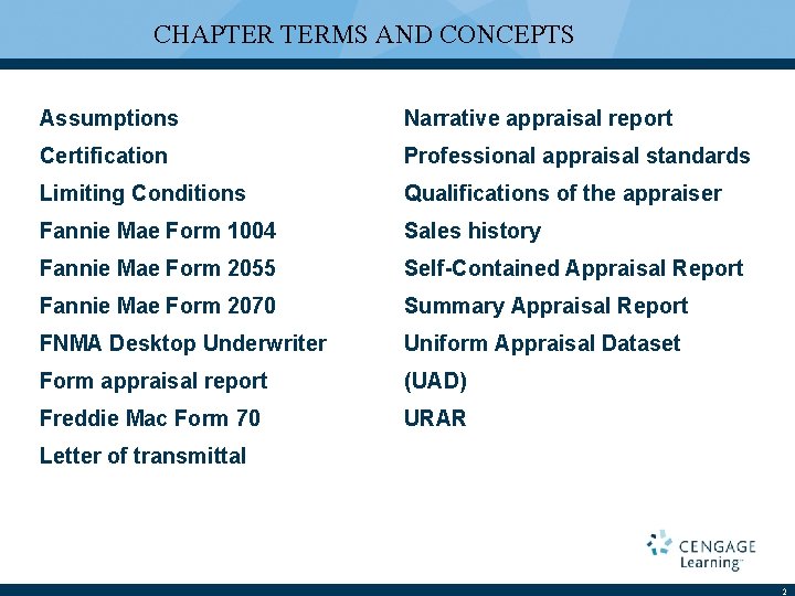 CHAPTER TERMS AND CONCEPTS Assumptions Narrative appraisal report Certification Professional appraisal standards Limiting Conditions