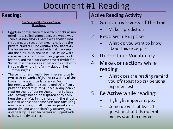Document #1 Reading: Active Reading Activity The Society of the Egyptian Empire Home Decor