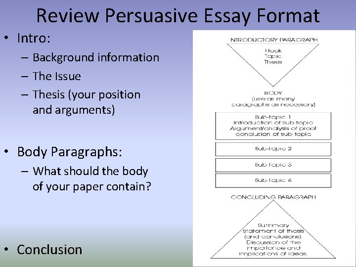 Review Persuasive Essay Format • Intro: – Background information – The Issue – Thesis